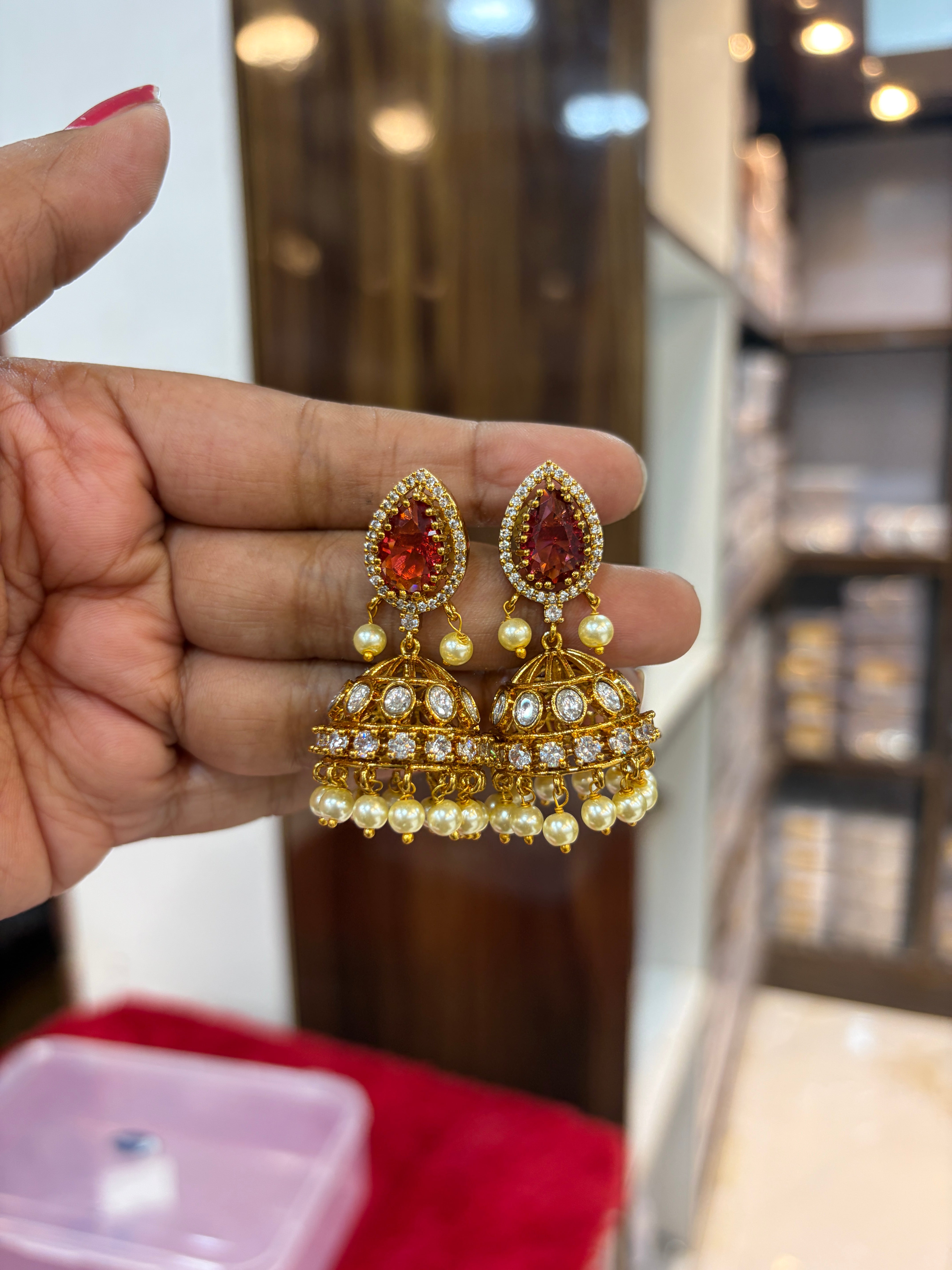 Mozonite stone ruby pink with white jumka