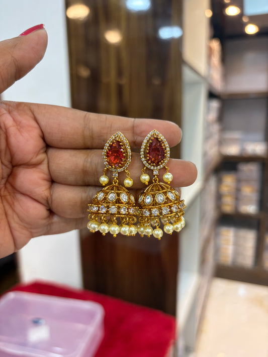 Mozonite stone ruby pink with white jumka