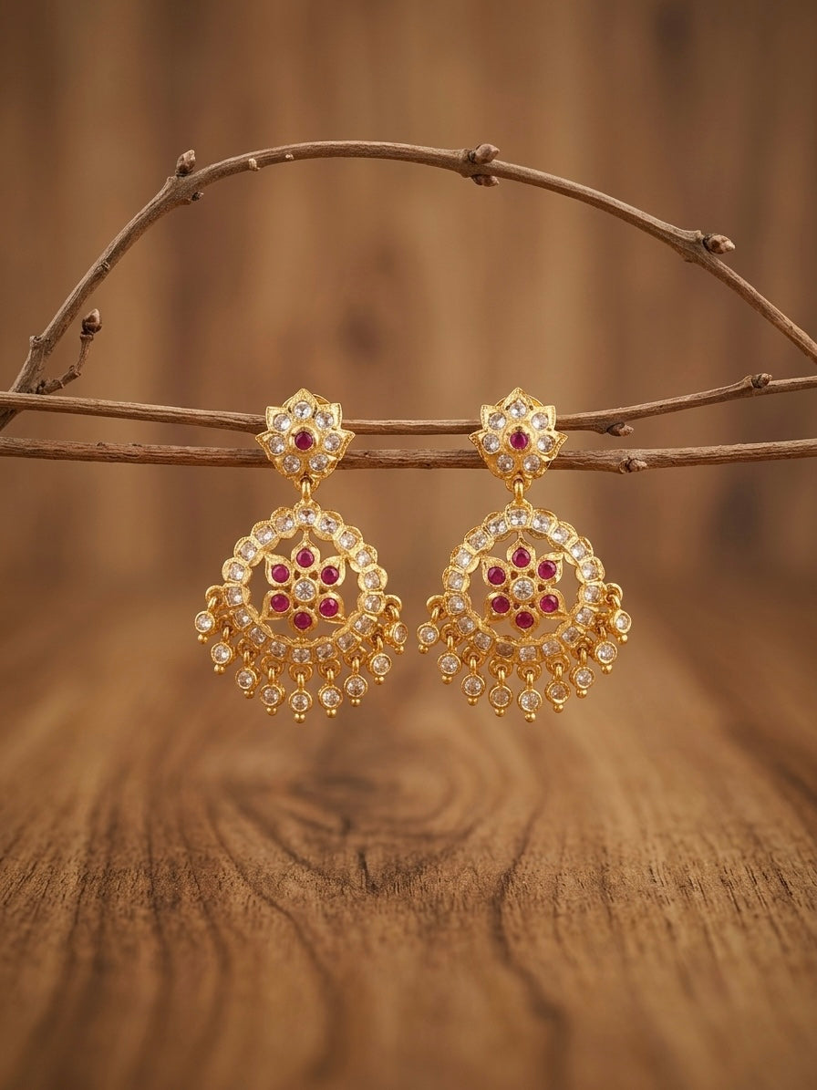 Impon earrings with ruby pink stones - medium size