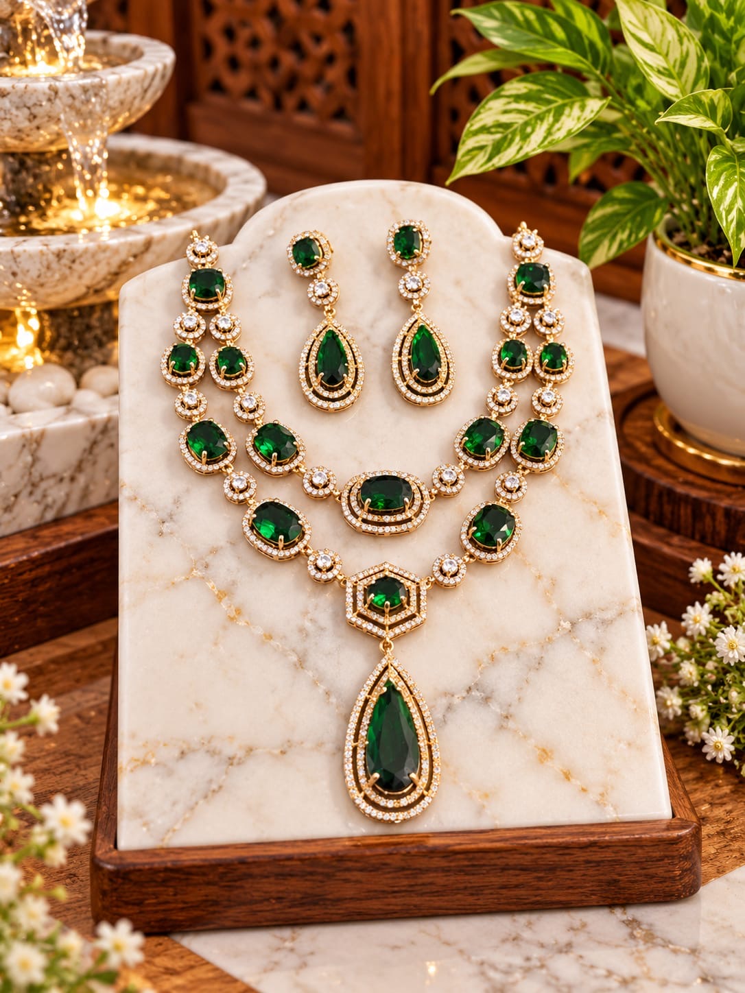 Two layers bold stone necklace with earrings