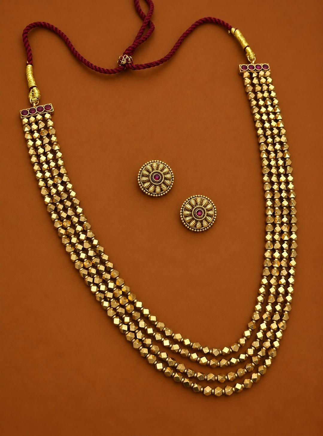 Gold ball three layer long chain with stud