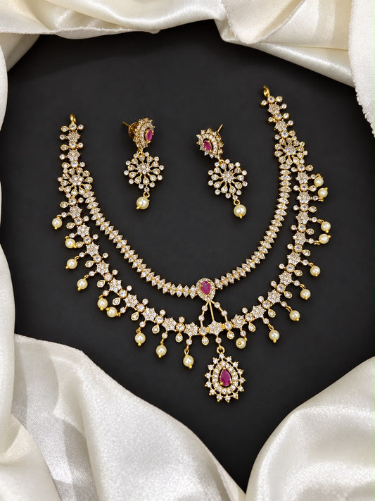 Two layer stone necklace with earrings