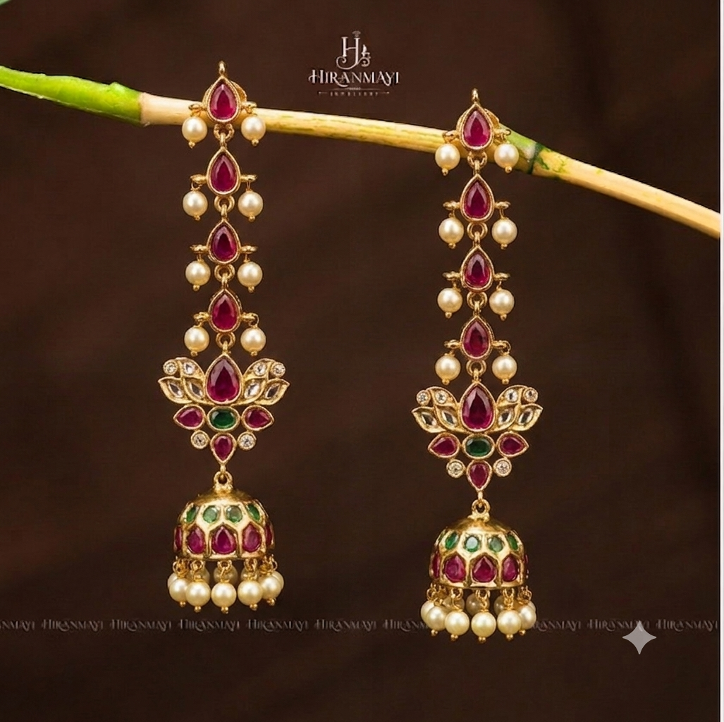 Real kemp tone jumka with rice pearls