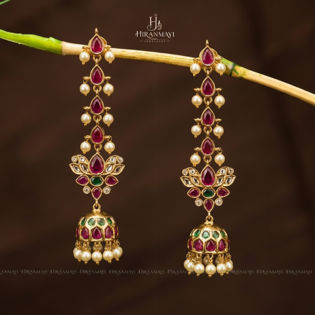 Real kemp tone jumka with rice pearls