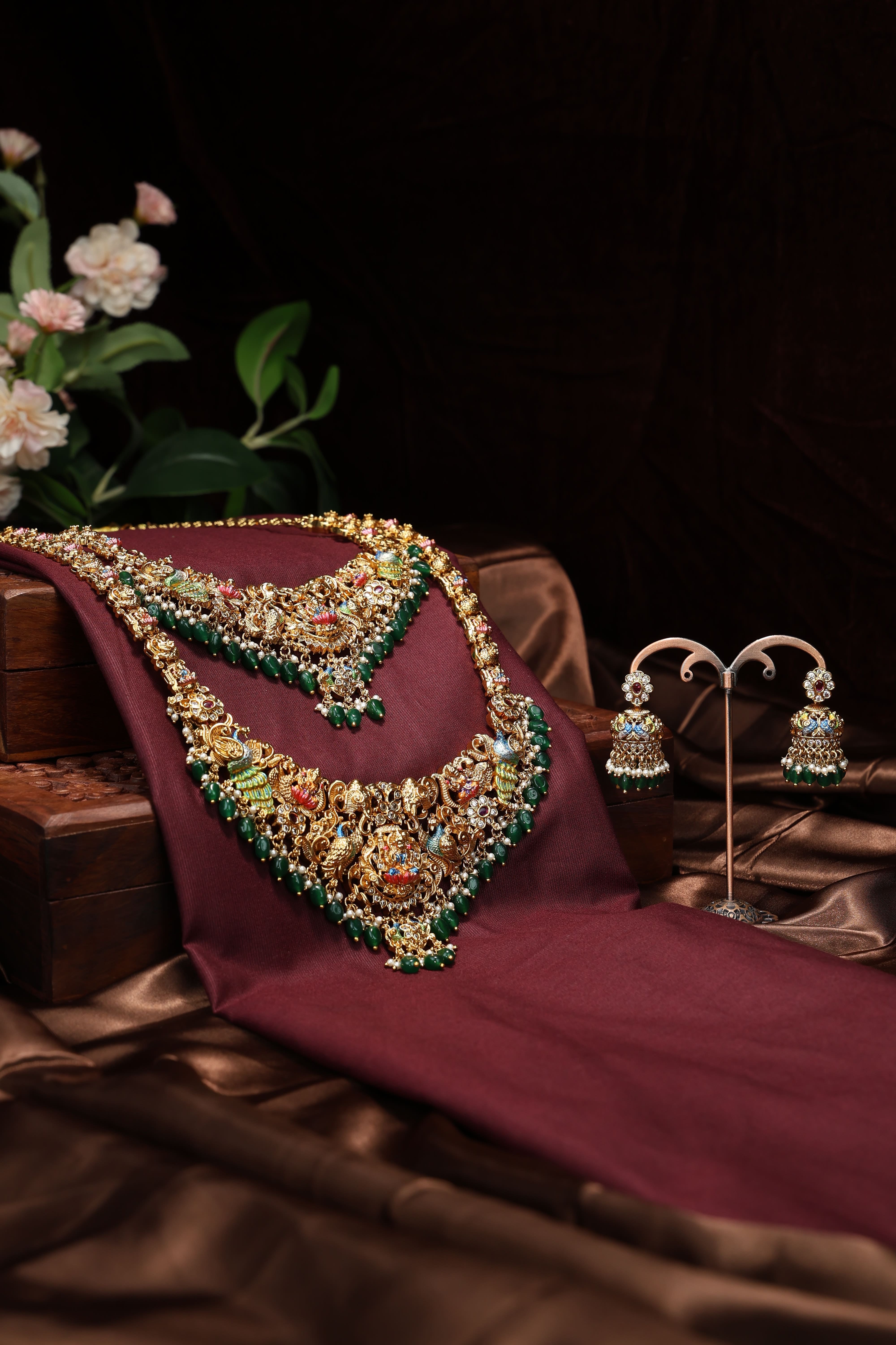 Hand painted meenakari design temple jewellery set