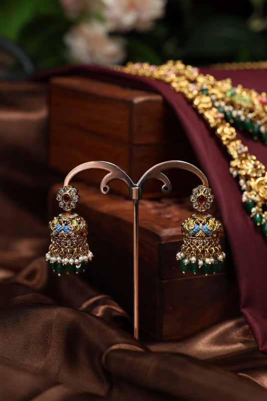 Hand painted meenakari design temple jewellery set