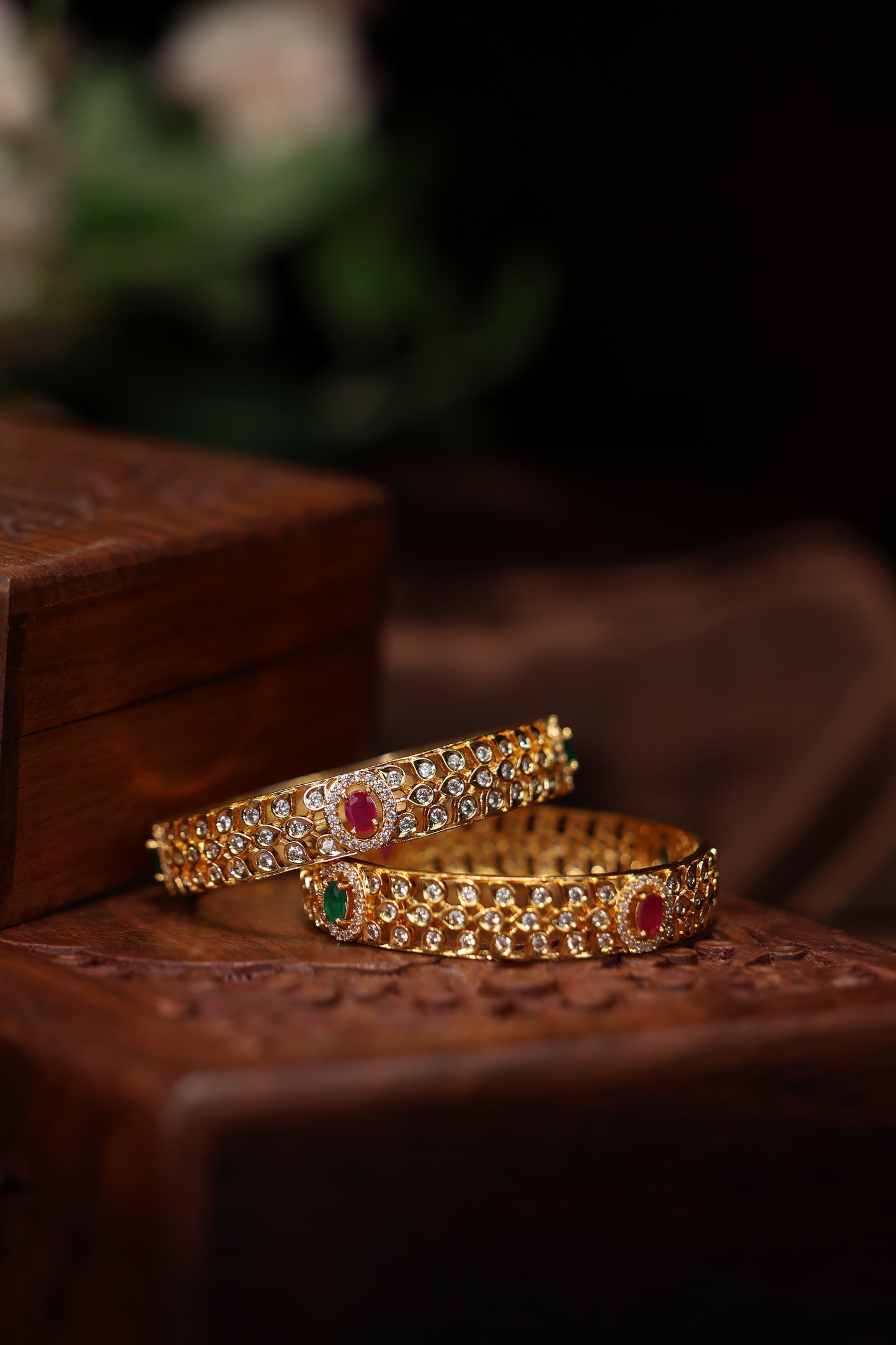 Cz stone studded ruby and emerald gold replica bangles