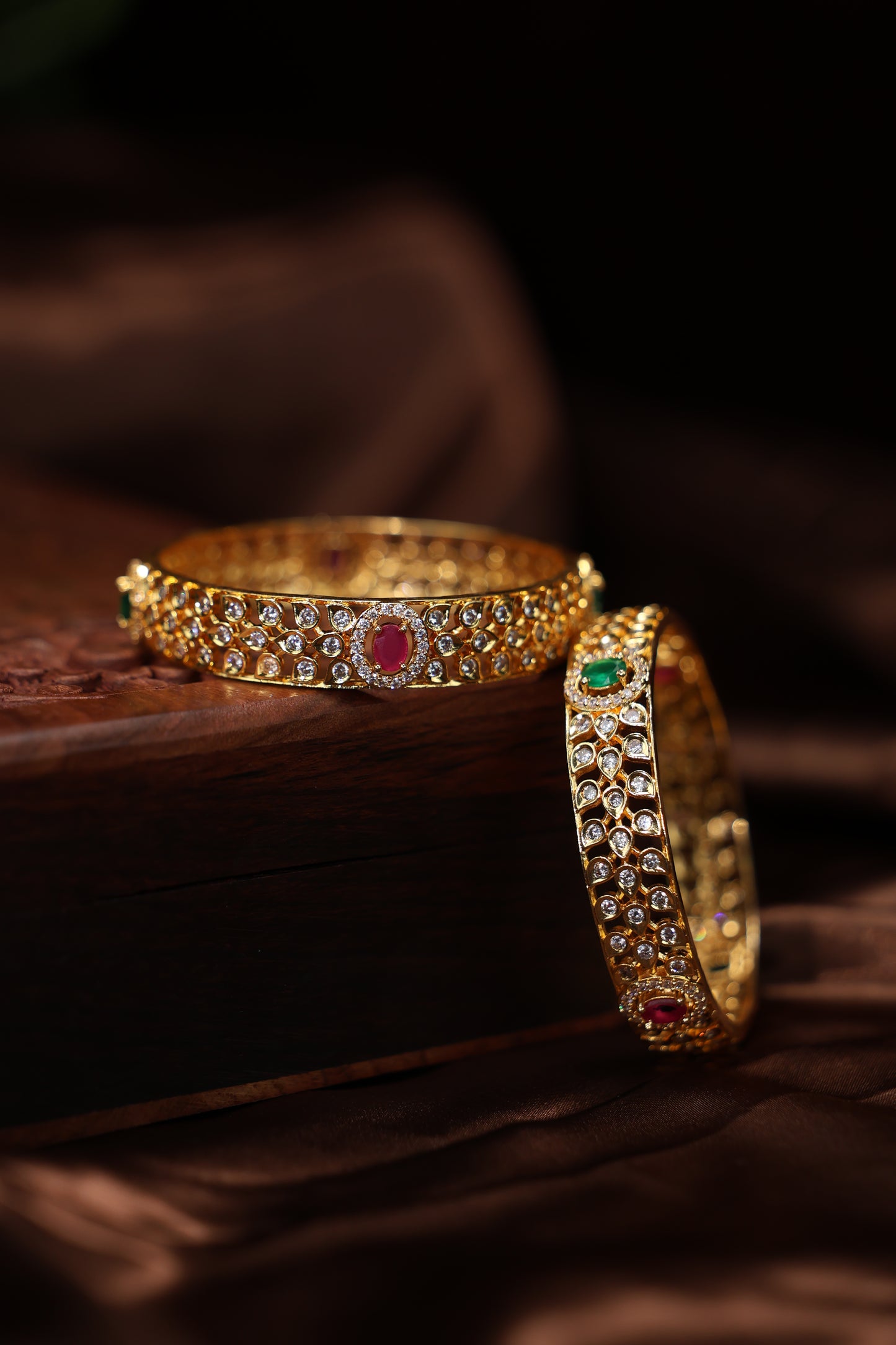 Cz stone studded ruby and emerald gold replica bangles