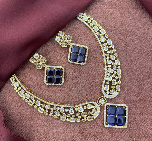 Mozonite stone uncut diamond pattern necklace with earrings