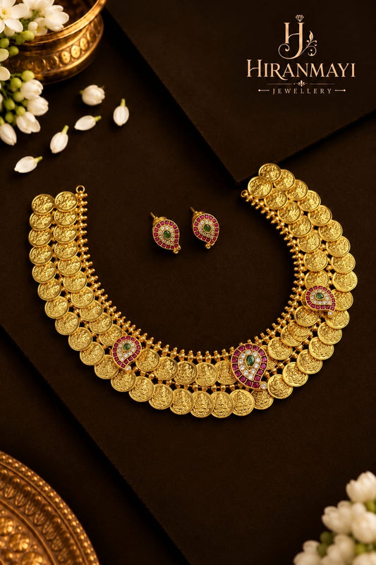 Two layers antique coin necklace with mango motif stud