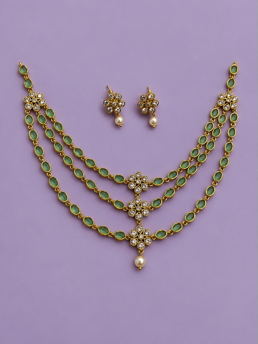 Three layer Kundan necklace with stud