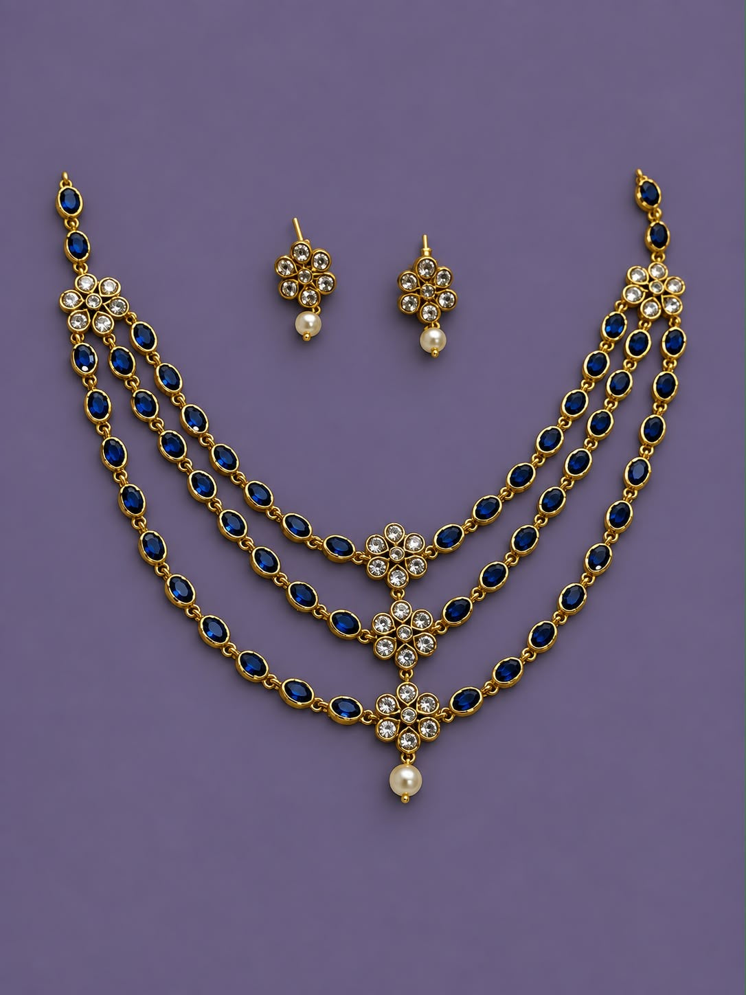 Three layer Kundan necklace with stud