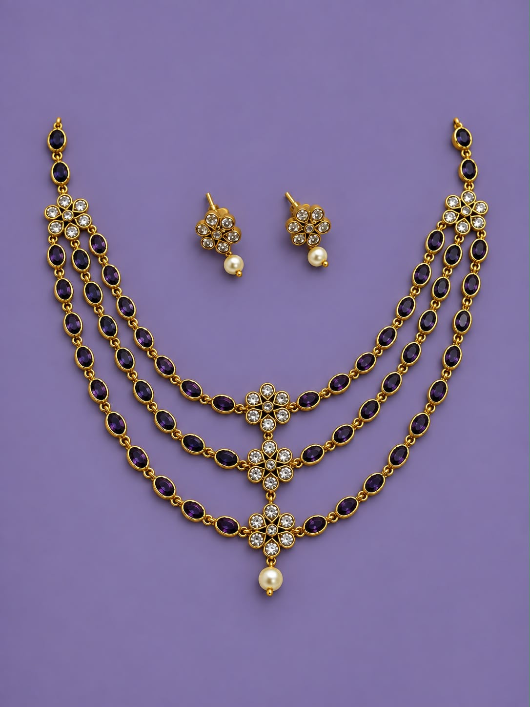 Three layer Kundan necklace with stud