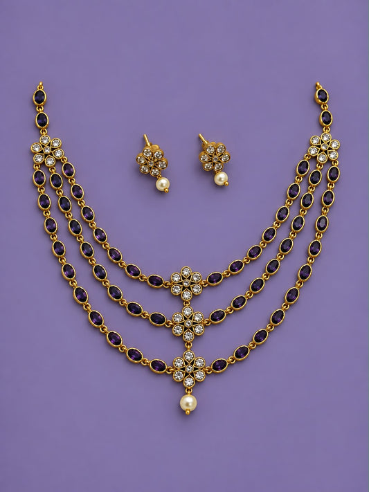 Three layer Kundan necklace with stud