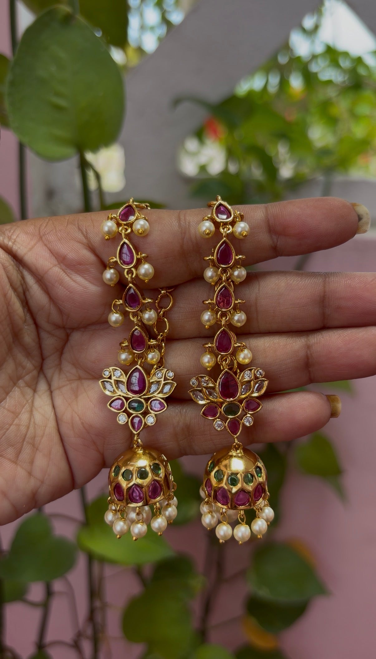 Real kemp tone jumka with rice pearls