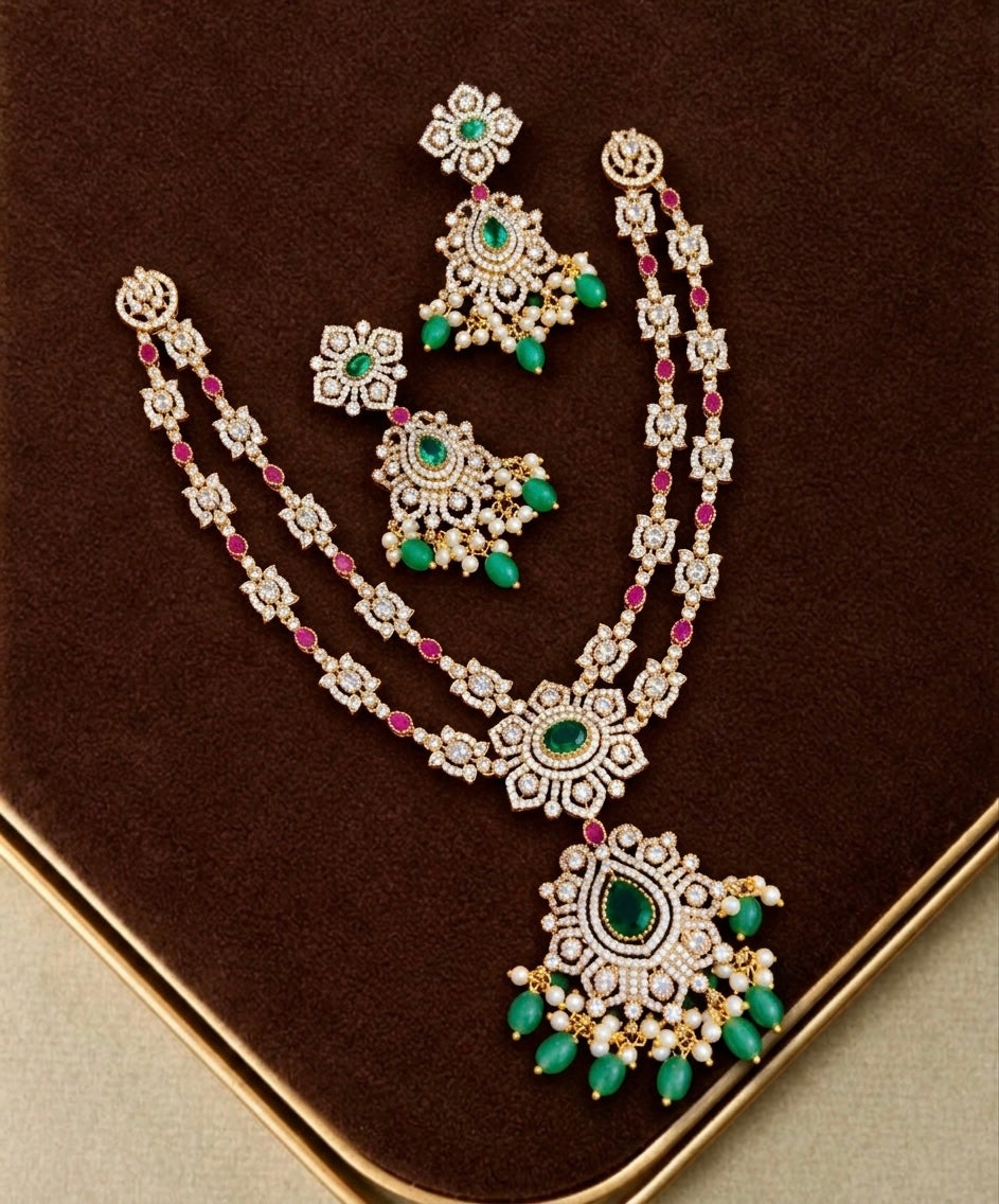 Diamond two layer necklace with earrings