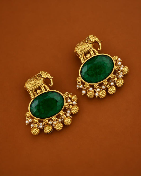 Bold emerald stone elephant earrings