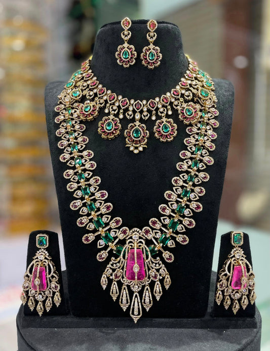 Victorian Polki diamond pastel stone necklace and haram with earrings