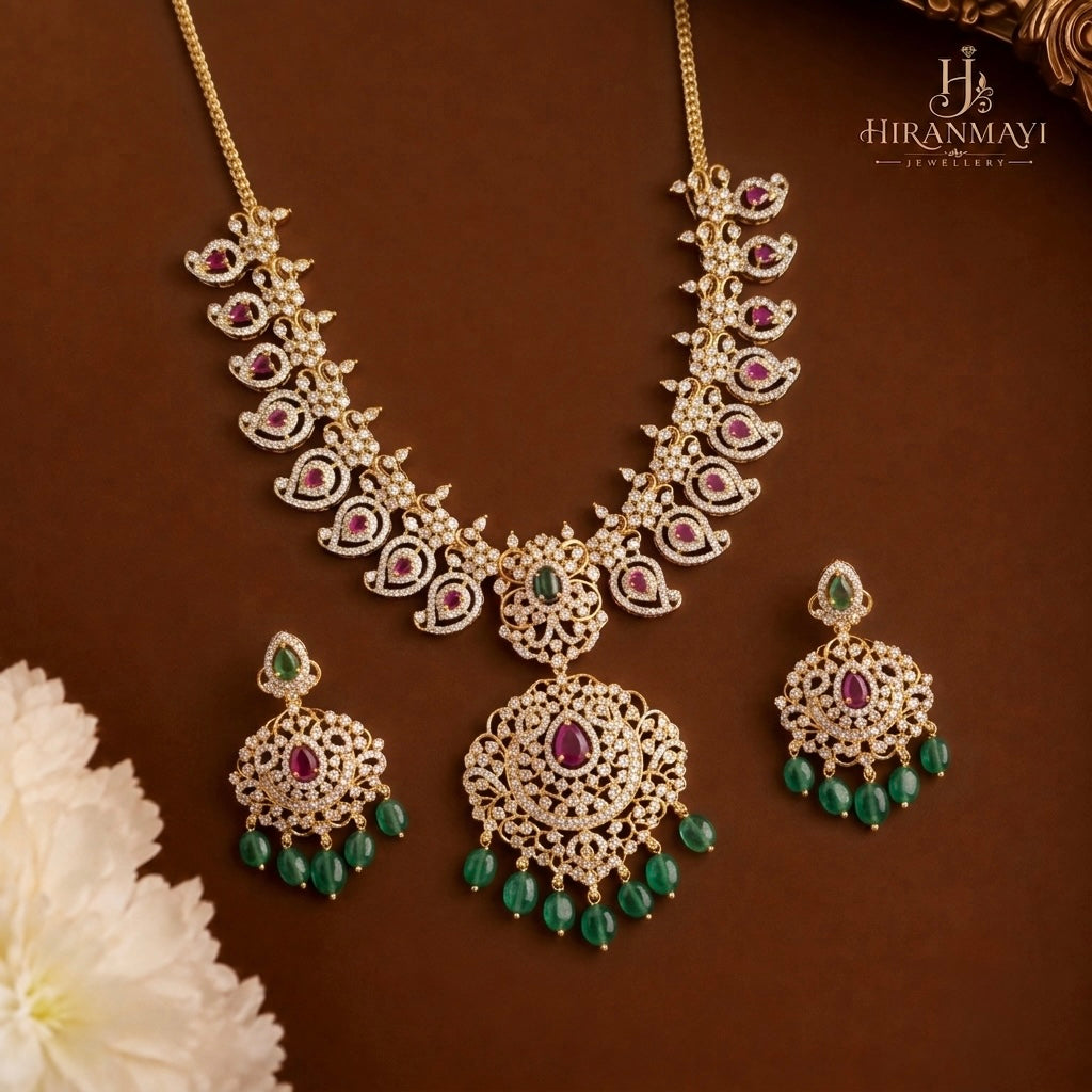 Uncut diamond mango motif necklace with earrings