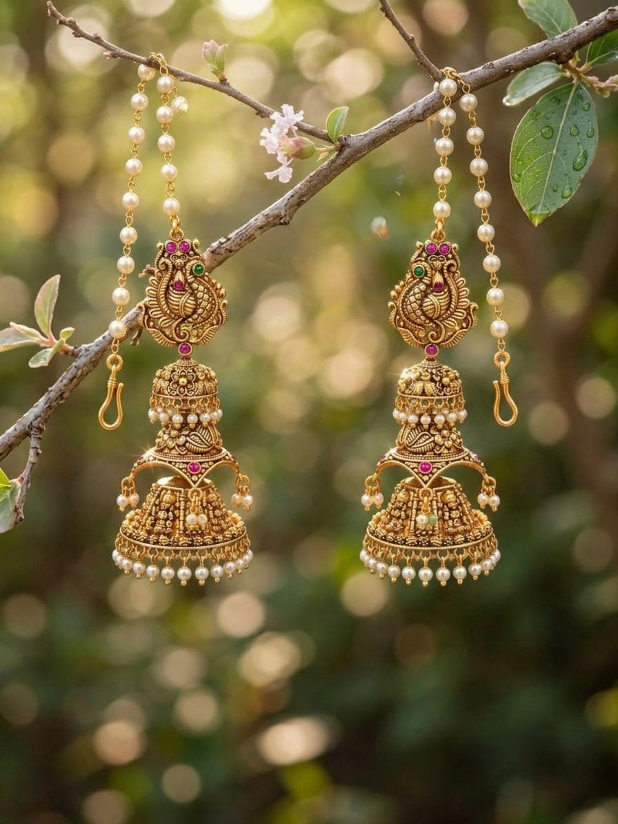Real gold replica step antique jumka with pearl Earchain