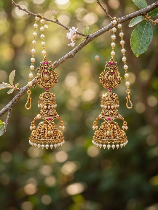 Real gold replica step antique jumka with pearl Earchain