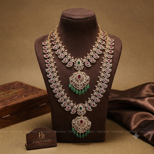 American diamond with ruby and emerald stone necklace and haram