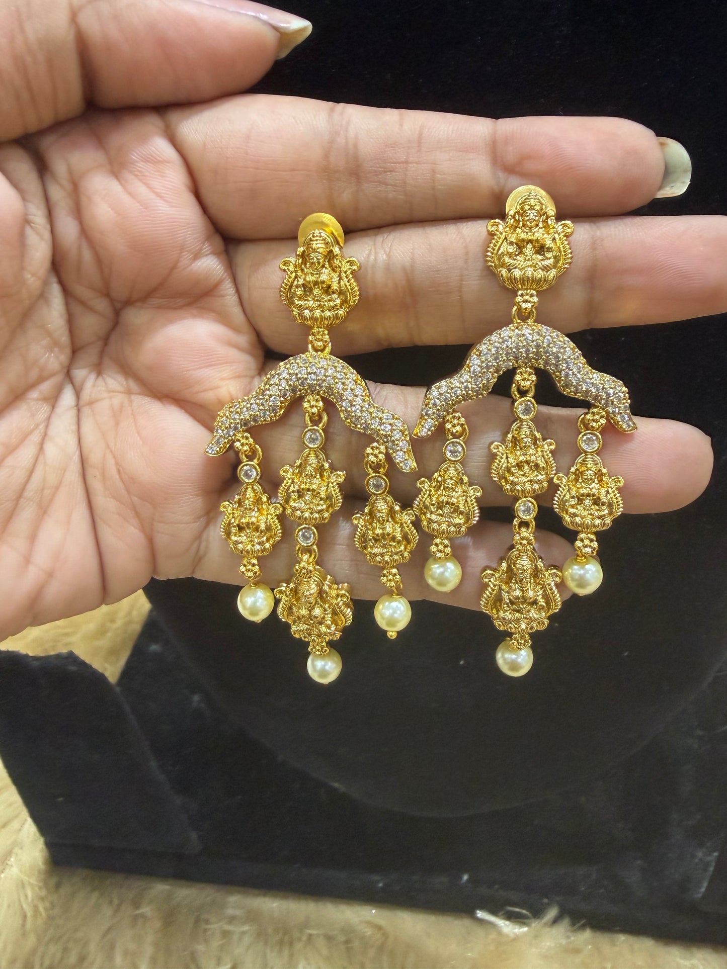 Antique Lakshmi motif hanging with stone and pearl drop earrings