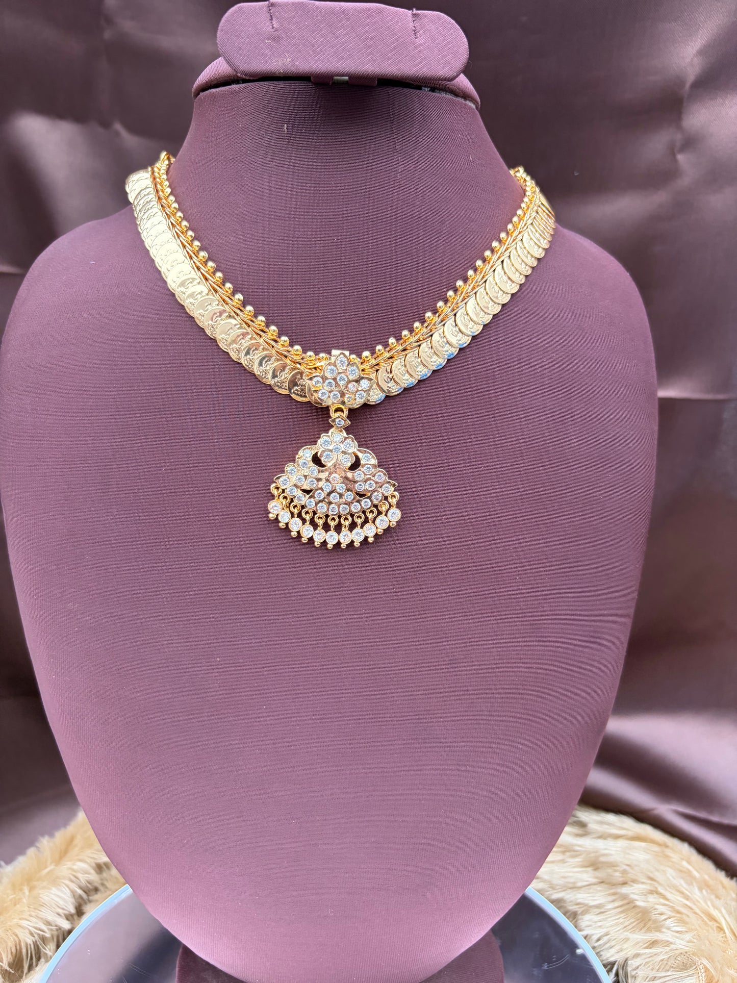 Coin necklace with white stone pendant