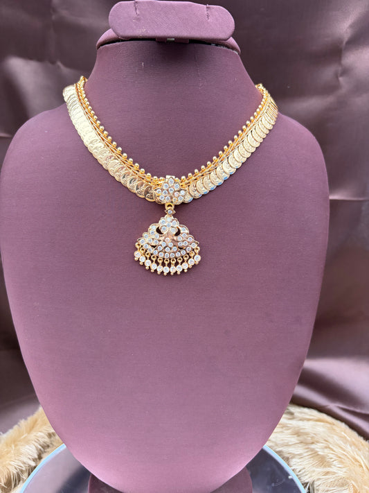 Coin necklace with white stone pendant