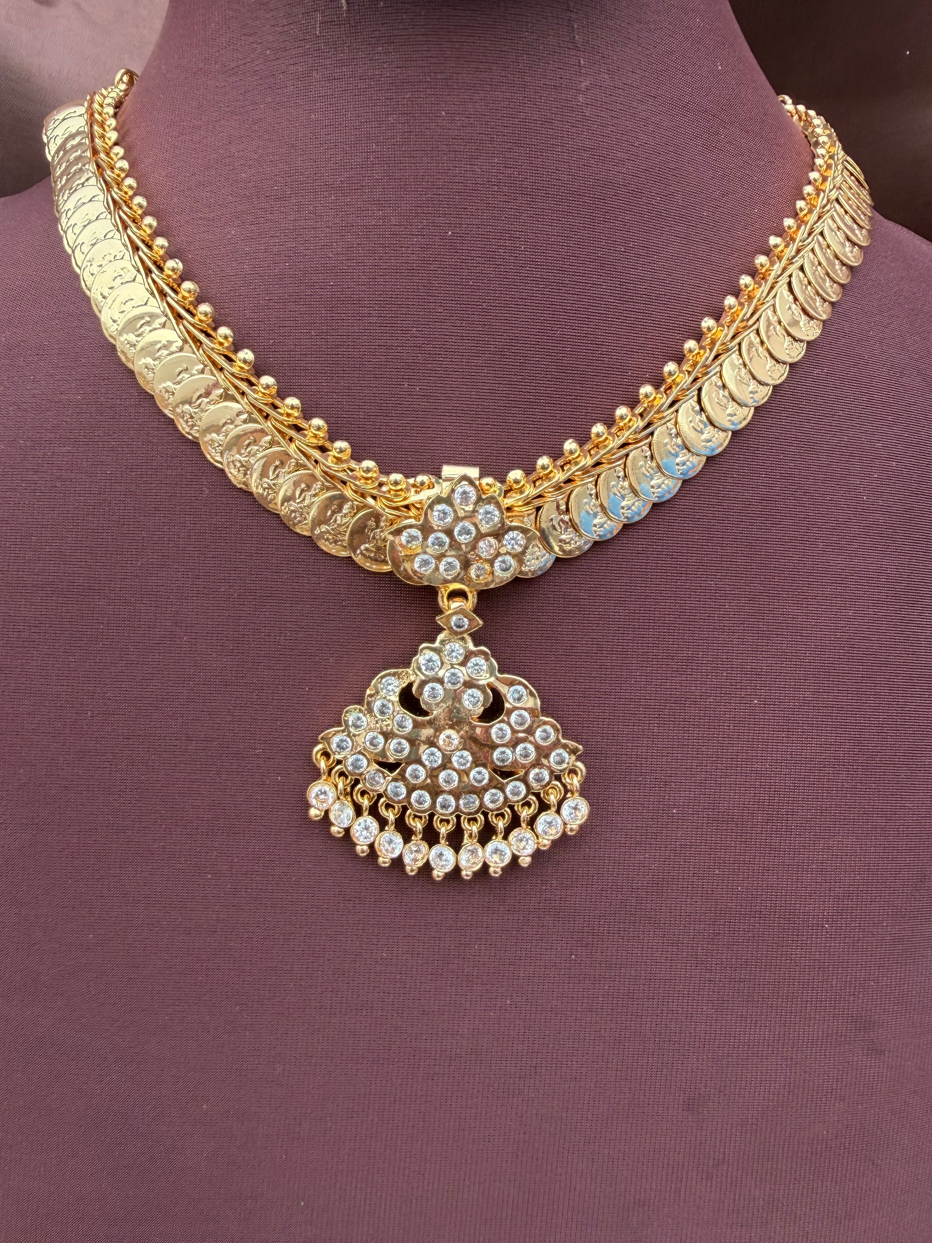 Coin necklace with white stone pendant