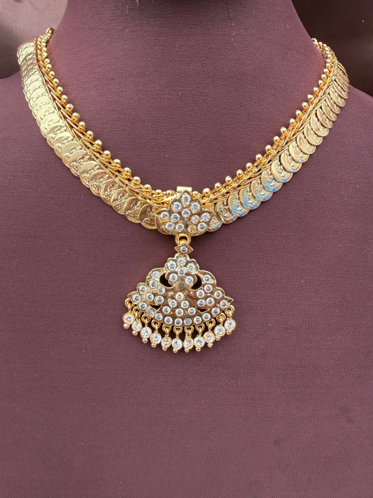 Coin necklace with white stone pendant